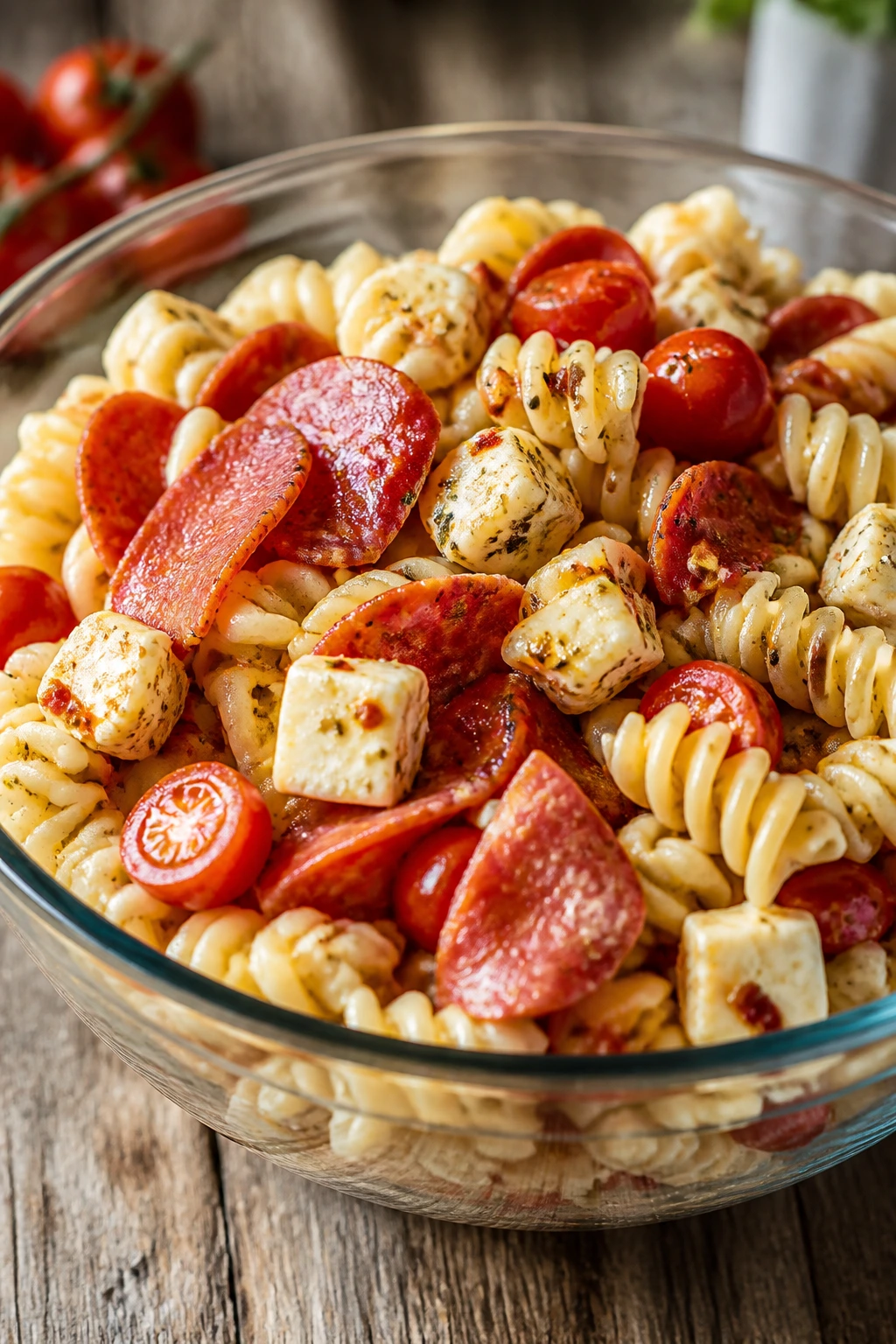 Bowl of cold pizza pasta salad with pepperoni and mozzarella