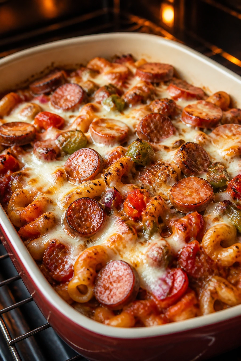 Close-up of pizza pasta with smoked sausage and melted mozzarella