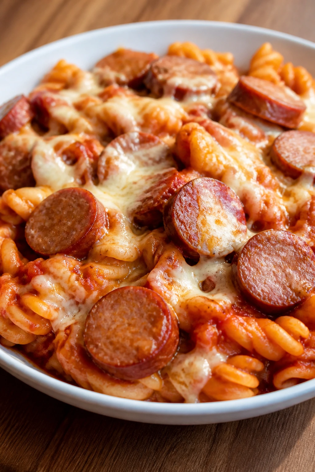 Pizza-inspired pasta with sausage and mozzarella.