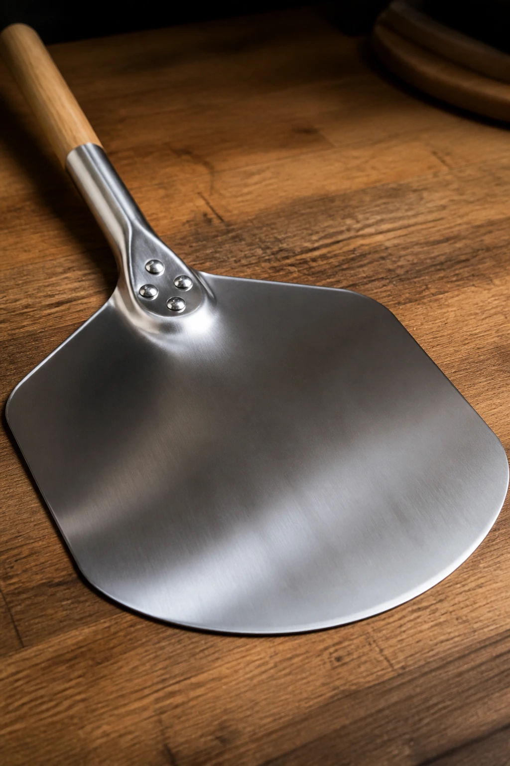 Stainless steel pizza peel on a wooden counter.