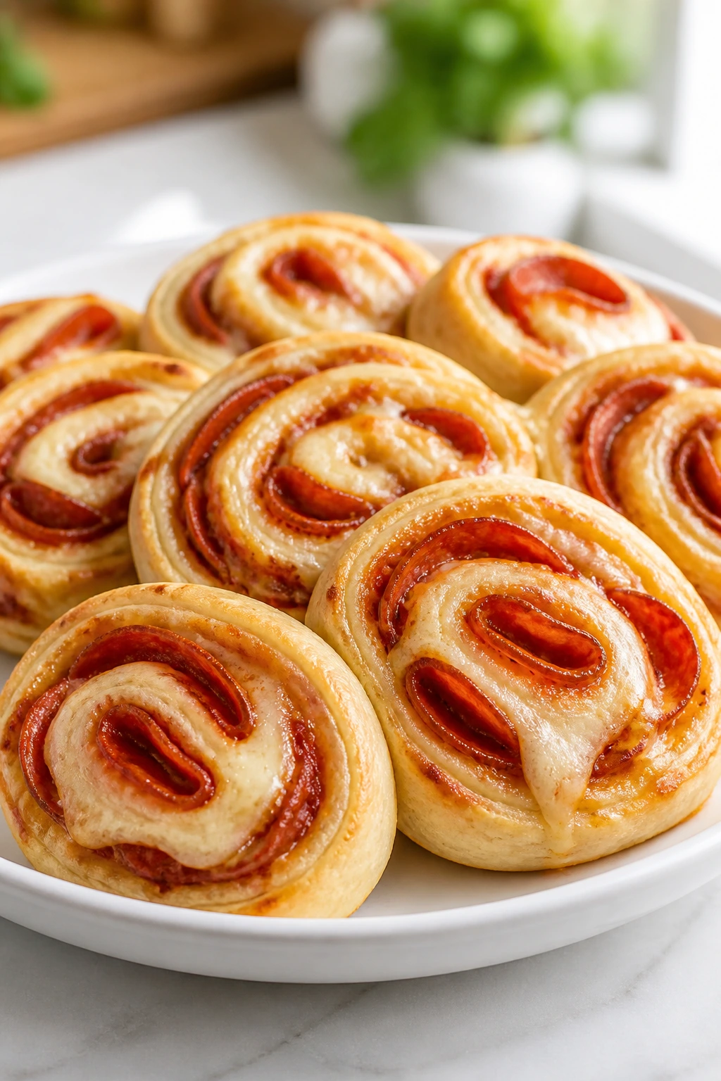 Pizza pinwheels sliced on plate in kitchen