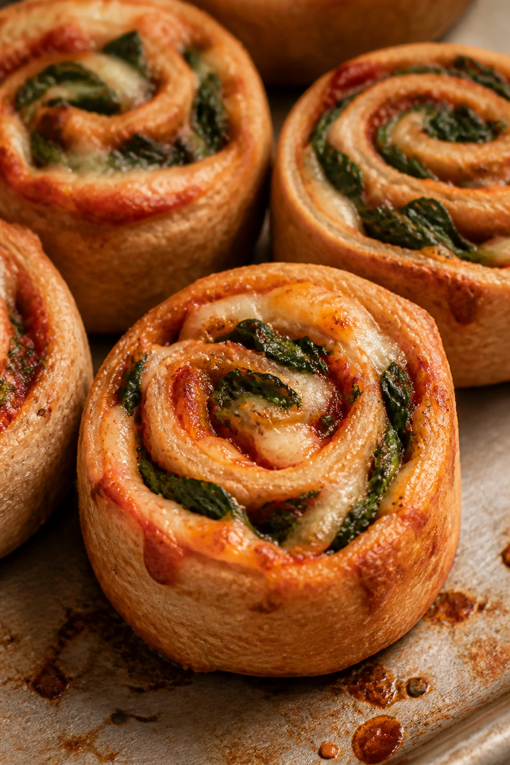 Close-up of whole-wheat pizza pinwheels on a baking sheet