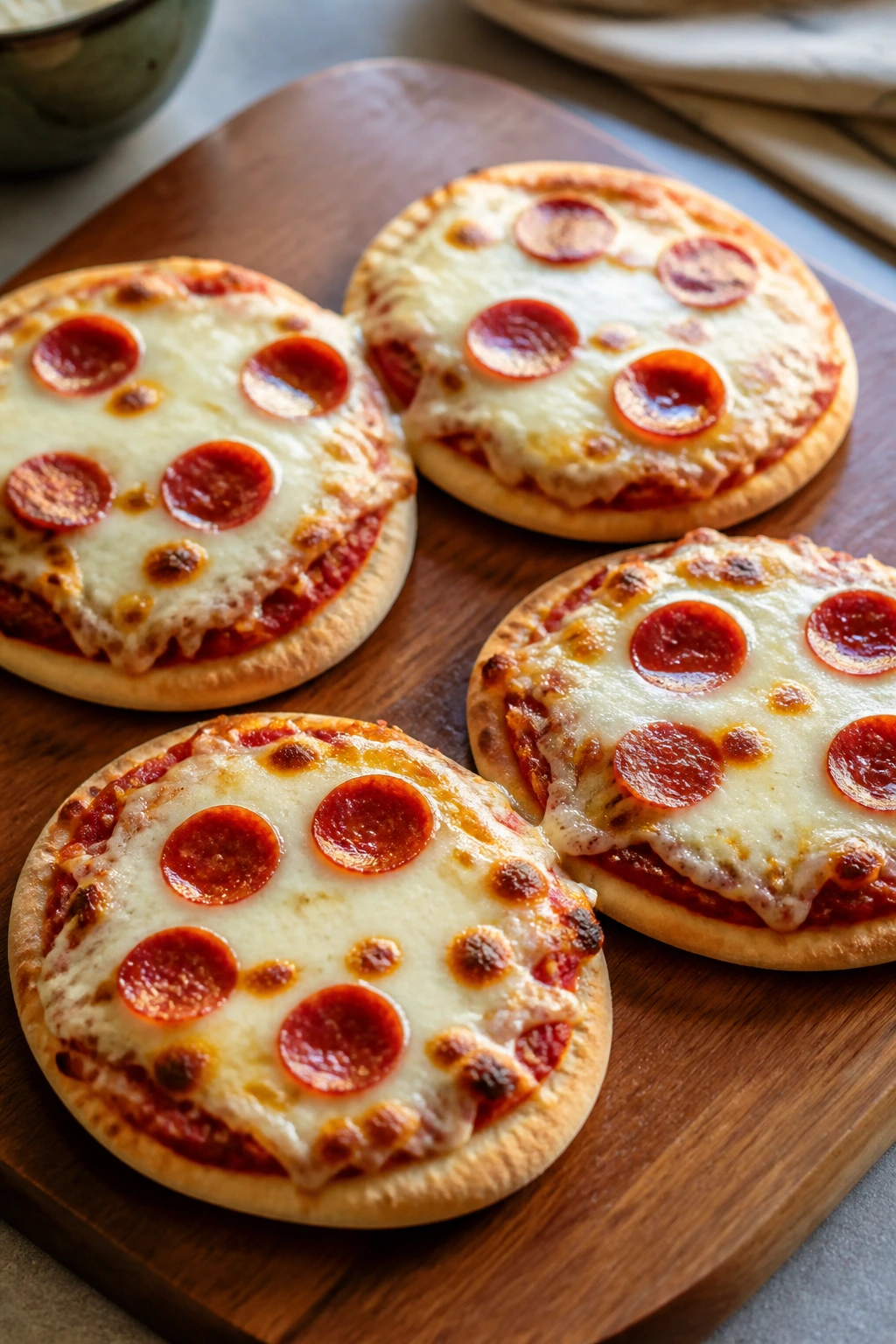 Four pita melts with melted cheese and pepperoni on a wooden board