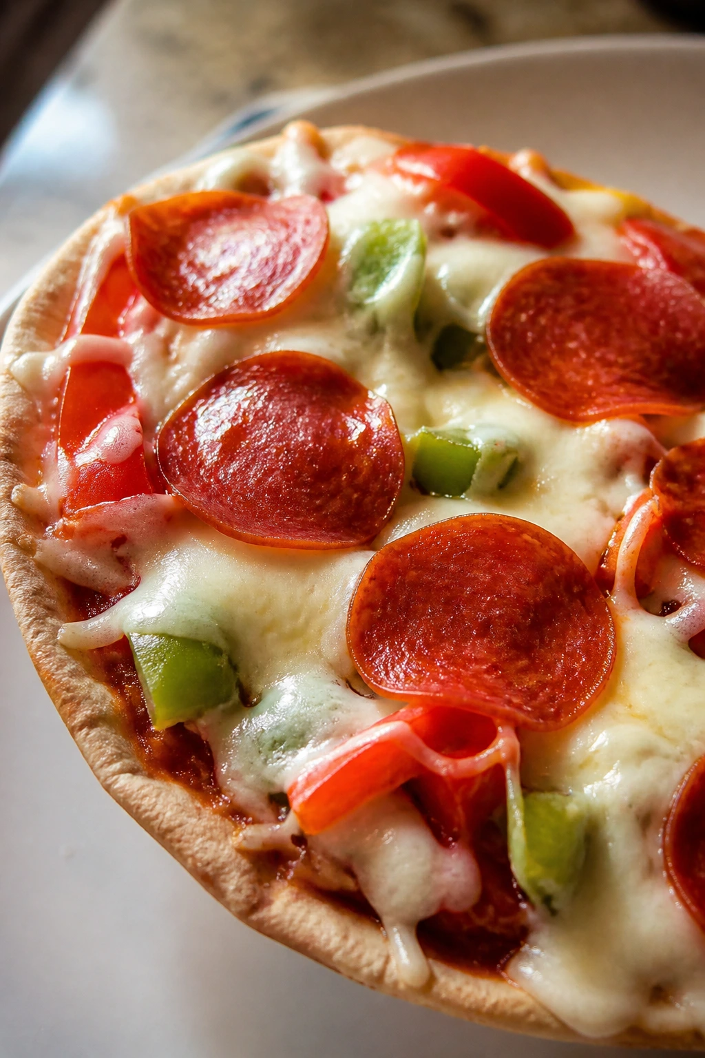 Close-up of a pizza pita melt with pepperoni and peppers, melted cheese visible