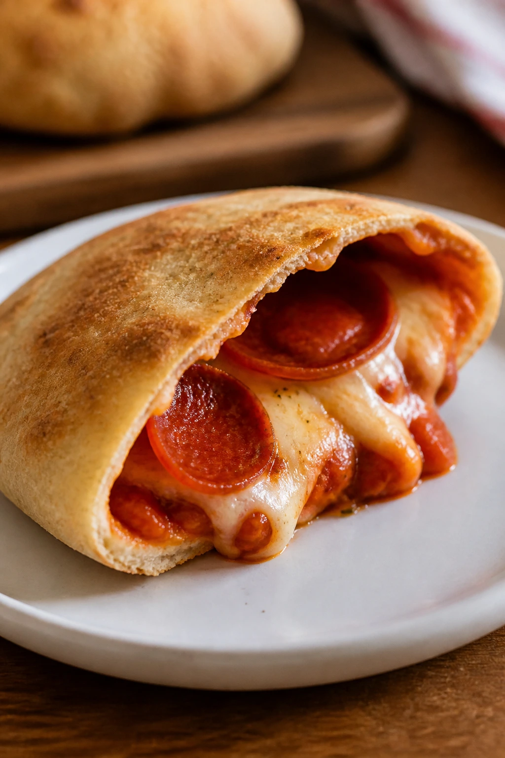 Open pita pocket with cheese and pepperoni filling on a plate