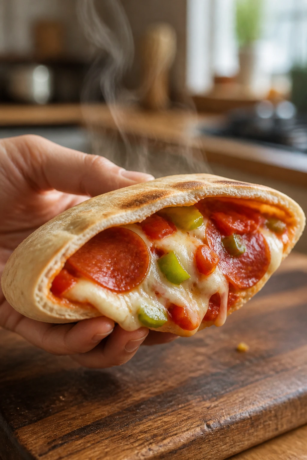 Close-up of a pizza stuffed pita pocket with melted cheese on a wooden cutting board