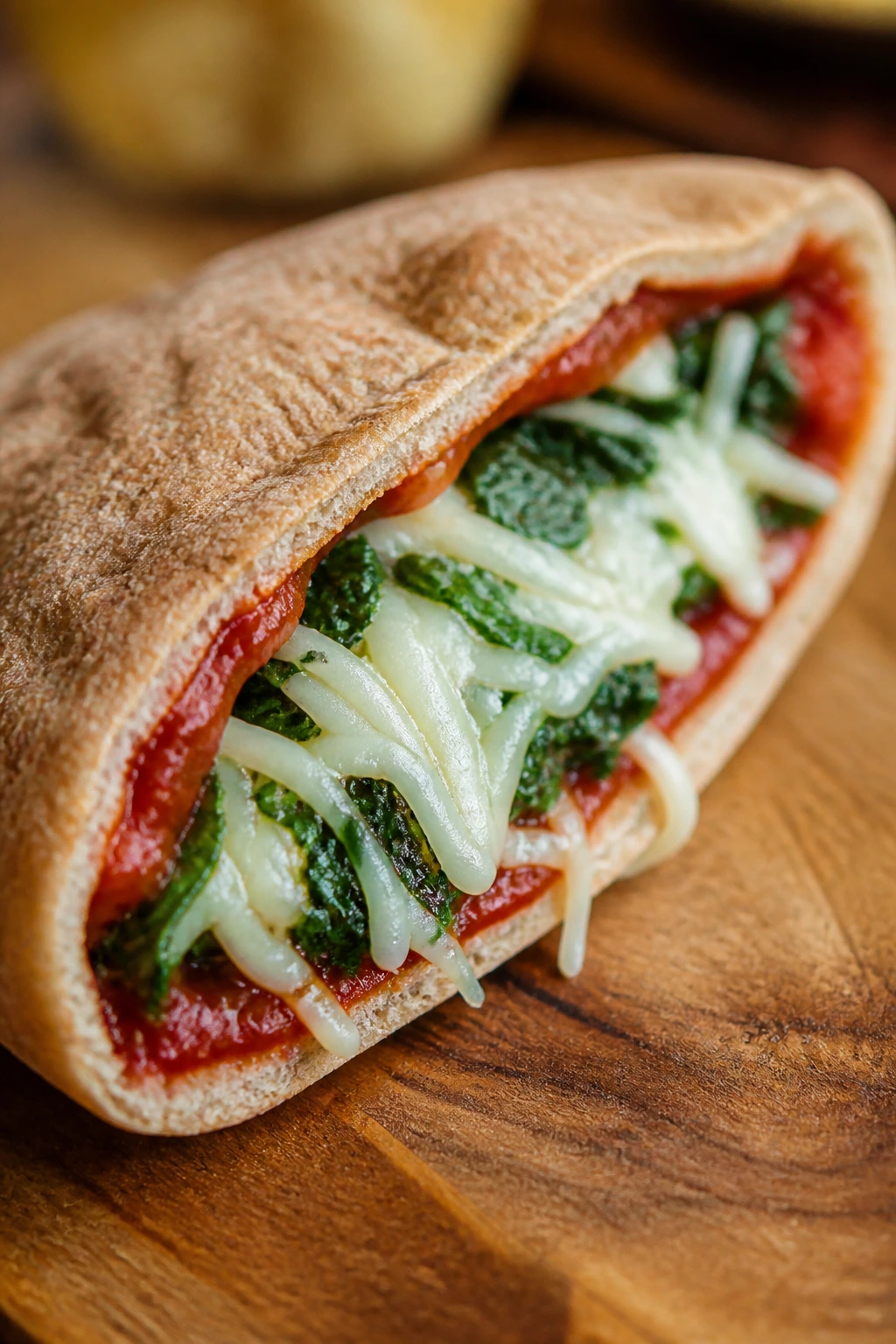 Close-up of a pita pocket filled with sauce, cheese, and spinach in a cozy kitchen