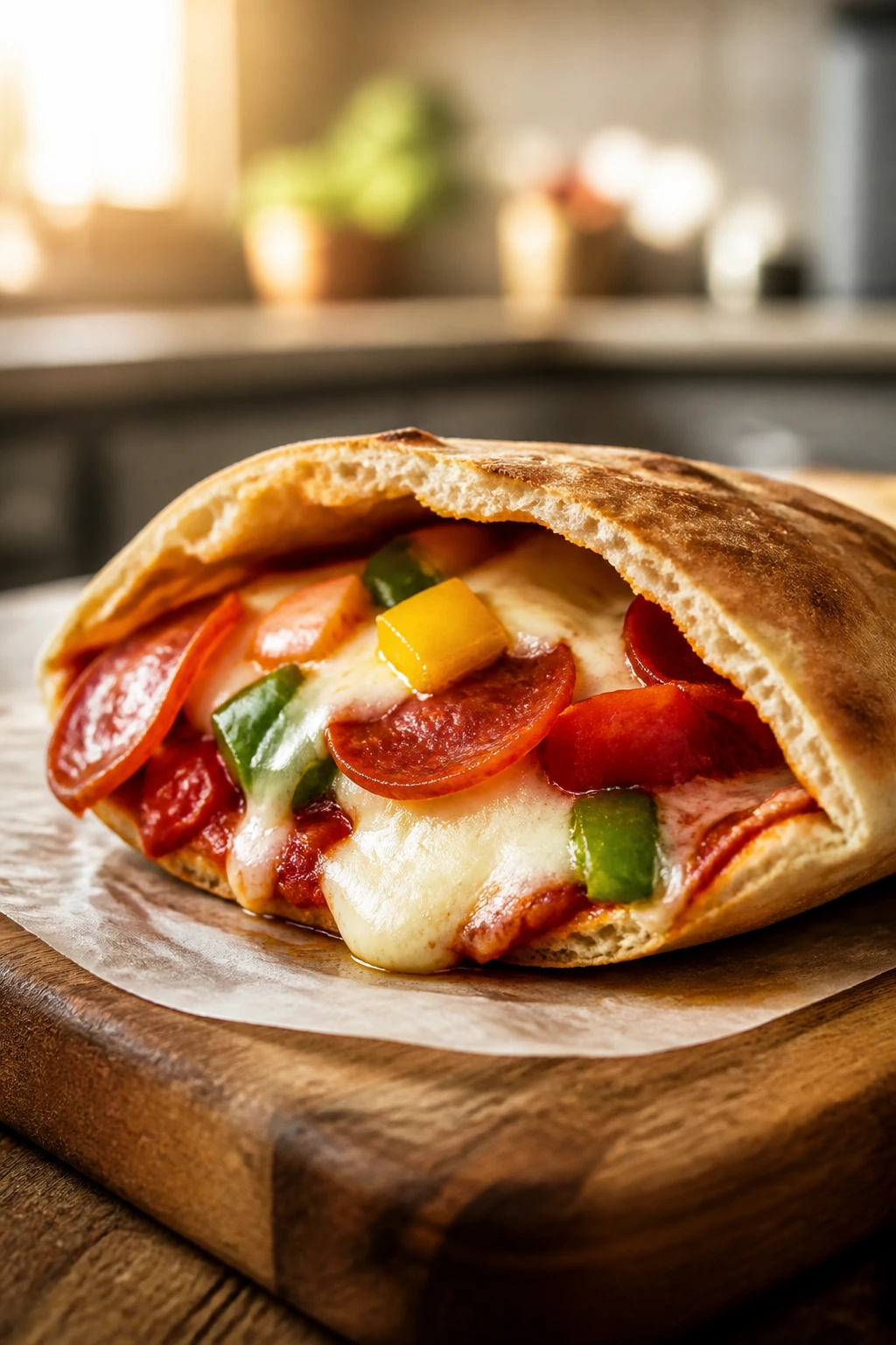 Close-up of a pizza-stuffed pita pocket with cheese and pepperoni in a sunlit kitchen
