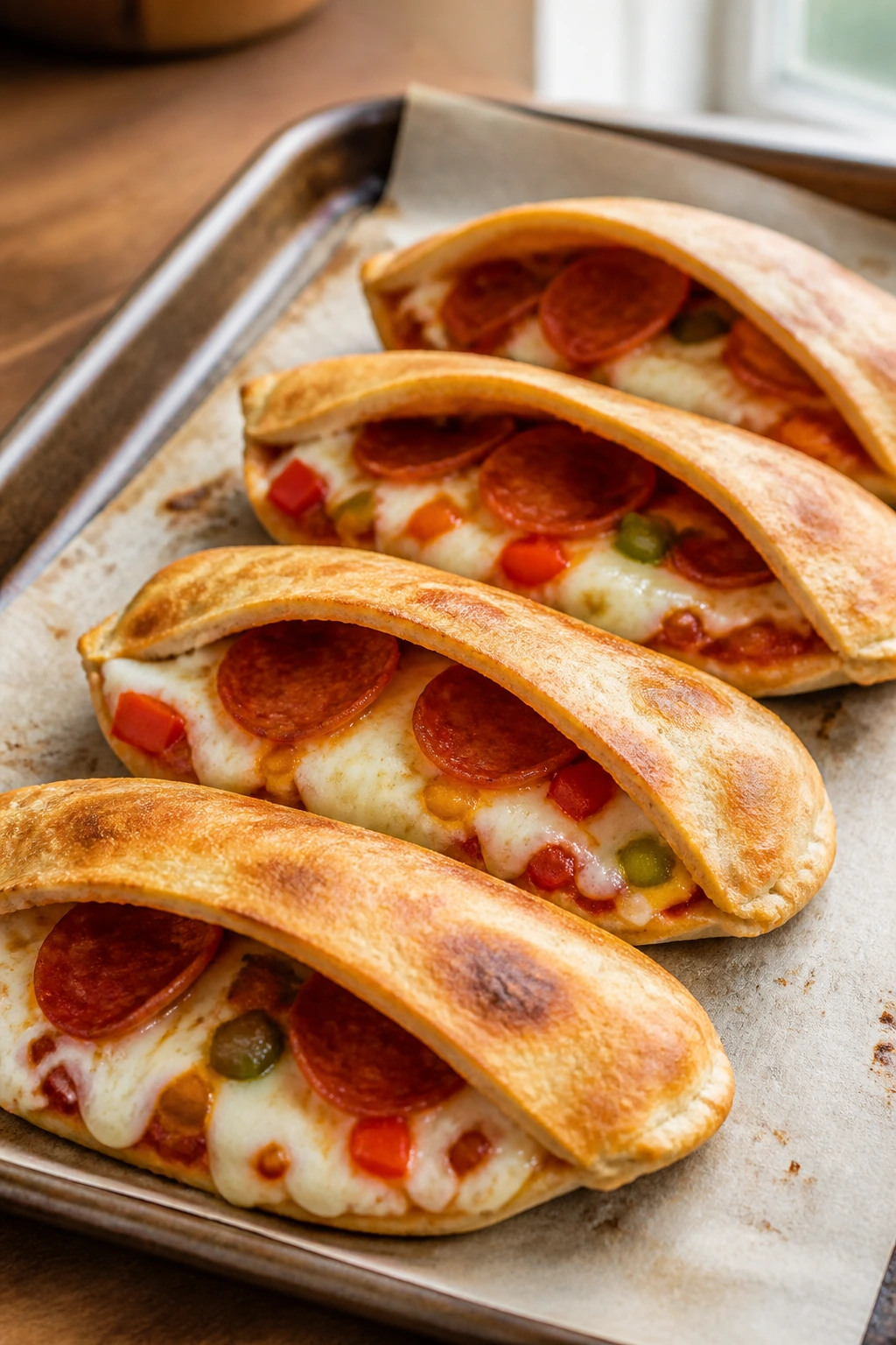 Close-up of pizza pita pockets filled with cheese and toppings in a warm home kitchen