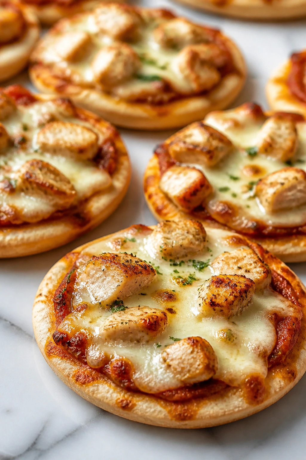 Close-up of mini pita pizzas topped with chicken and mozzarella