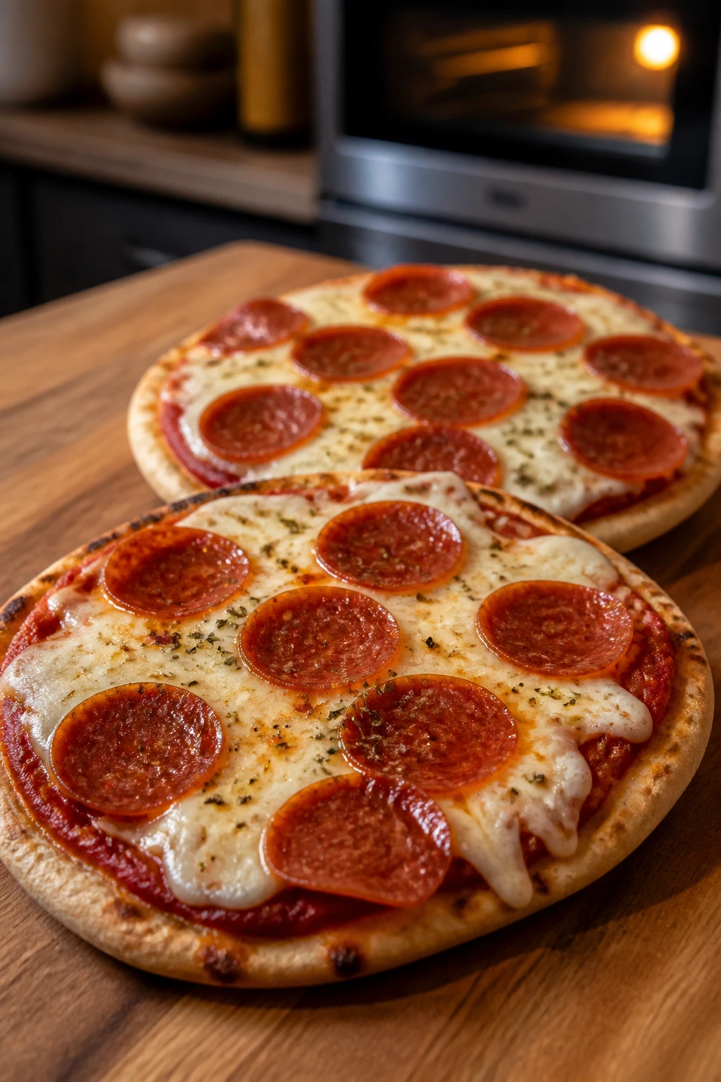Mini pepperoni pita pizzas on a wooden board
