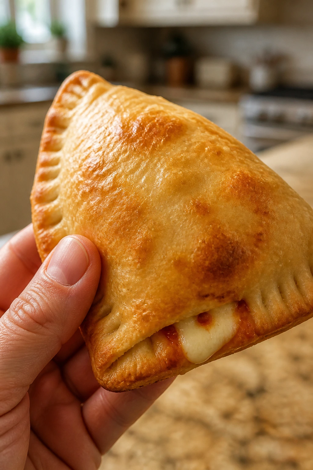 Close-up of a golden-brown homemade pizza pocket held in hand