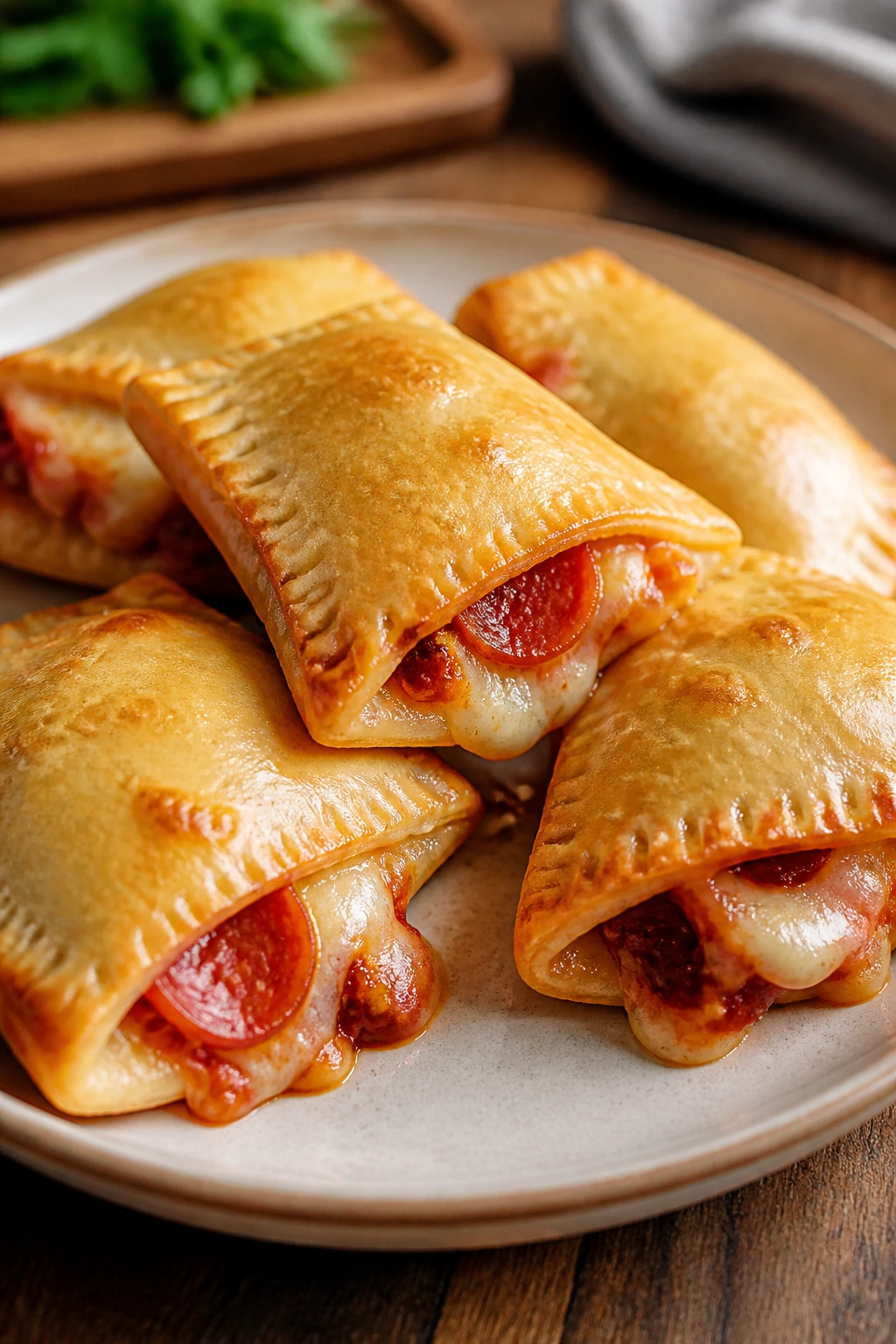 Close-up of mini pepperoni pizza pockets with gooey cheese