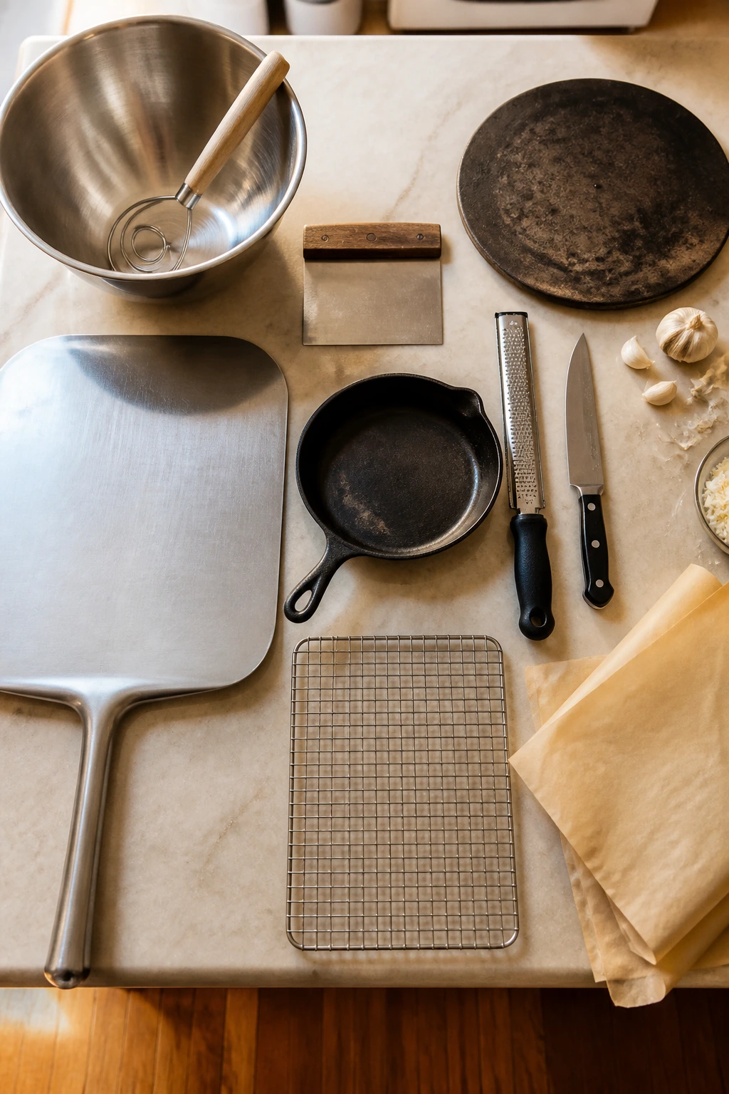 Counter with all pizza-prep tools ready before baking