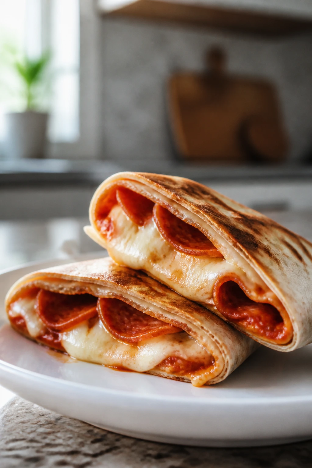 Pizza quesadilla roll-ups sliced on a plate