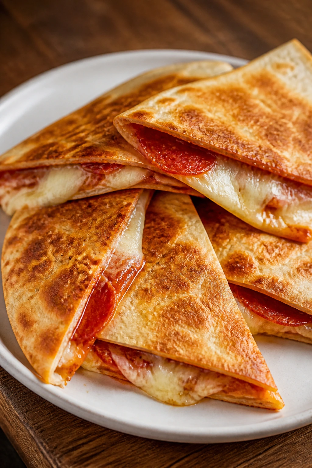 Quesadilla wedges with melted cheese and pepperoni on a plate