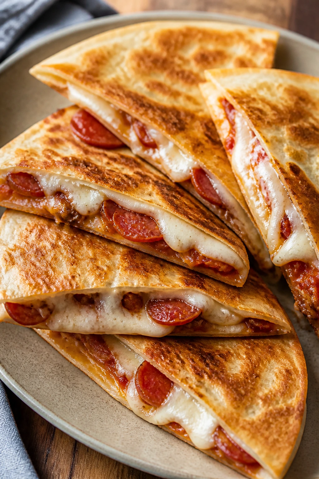 Close-up of pizza quesadilla wedges showing melted cheese and pepperoni