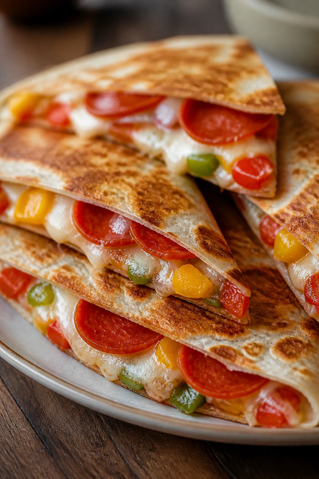 Close-up of pizza quesadillas cut into wedges with cheese and pepperoni