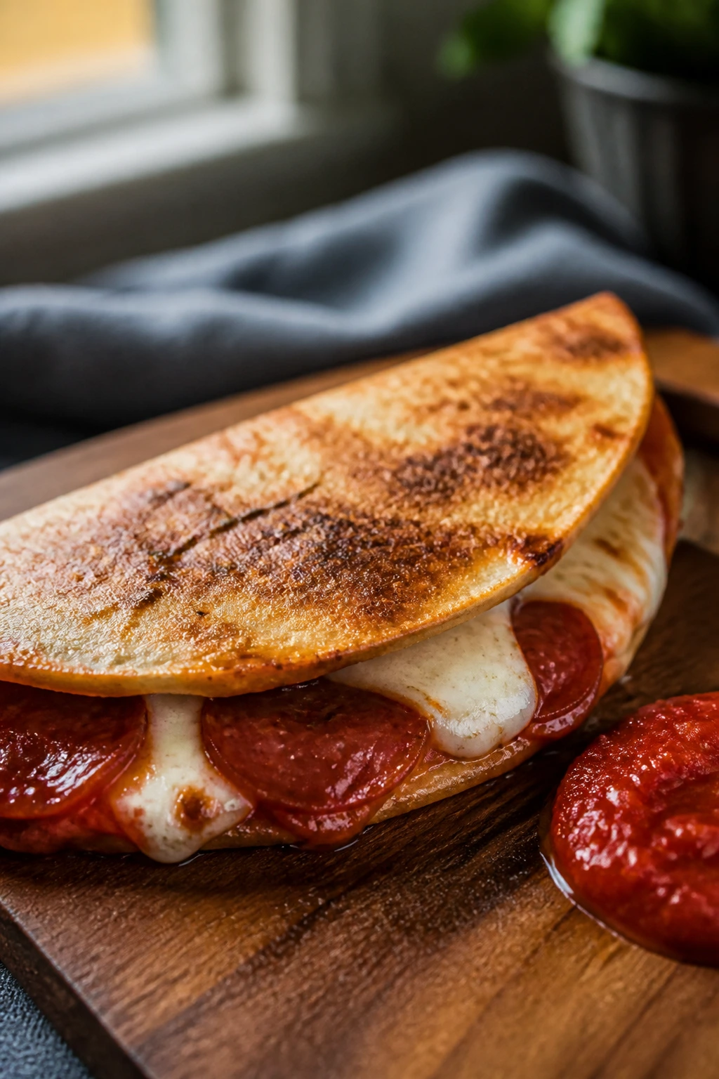 Close-up of crispy folded pizza quesadilla with cheese and pepperoni on a wooden board