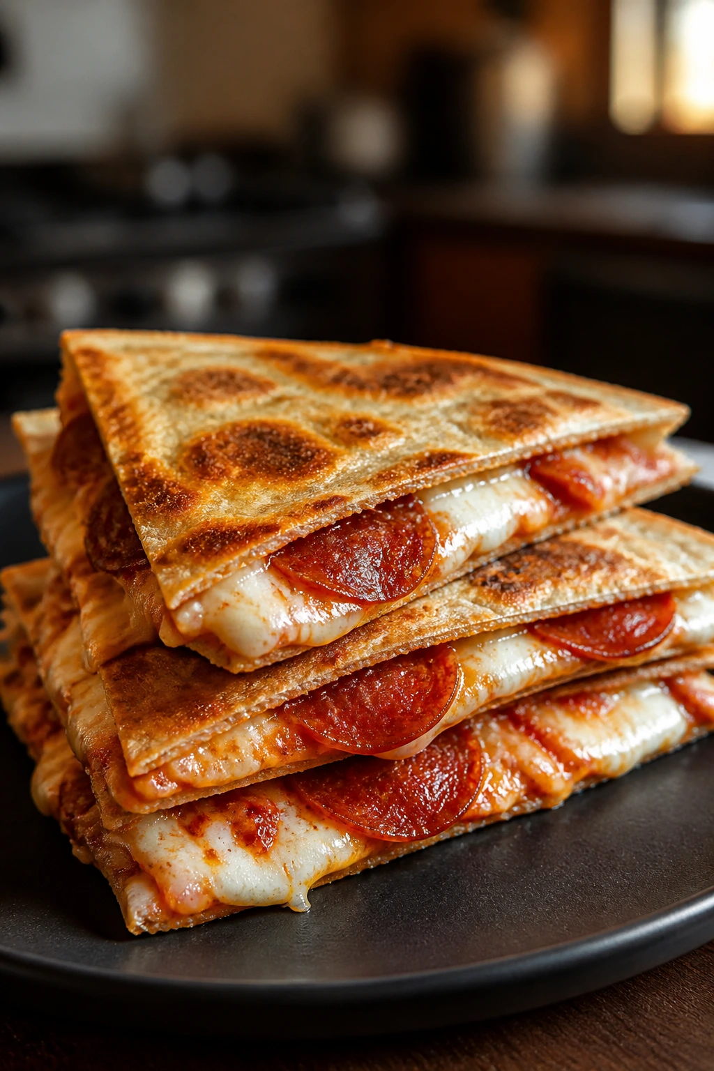 Crispy cheese and pepperoni pizza quesadilla on a plate