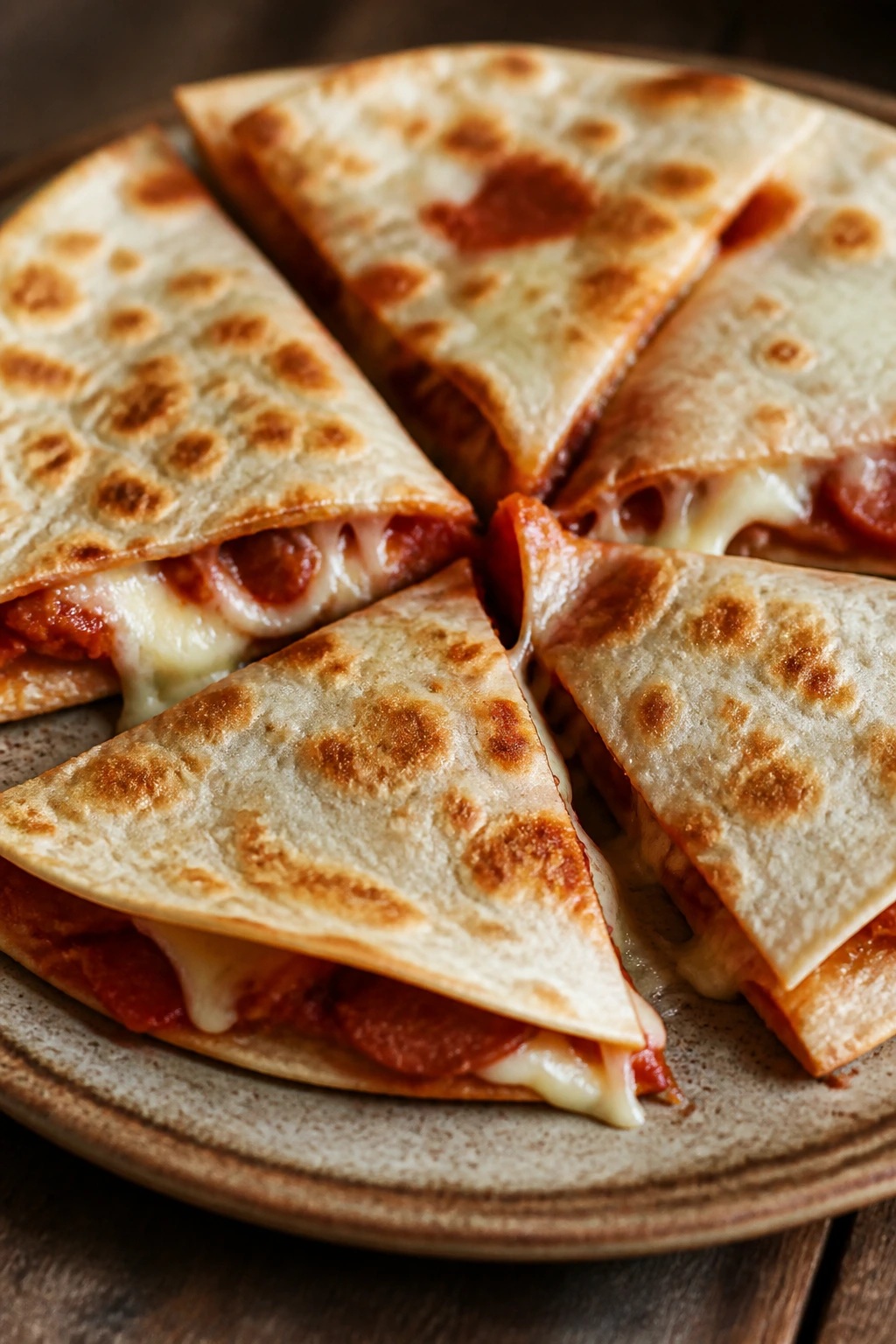 Close-up of pizza quesadillas cut into wedges on a plate in a cozy kitchen