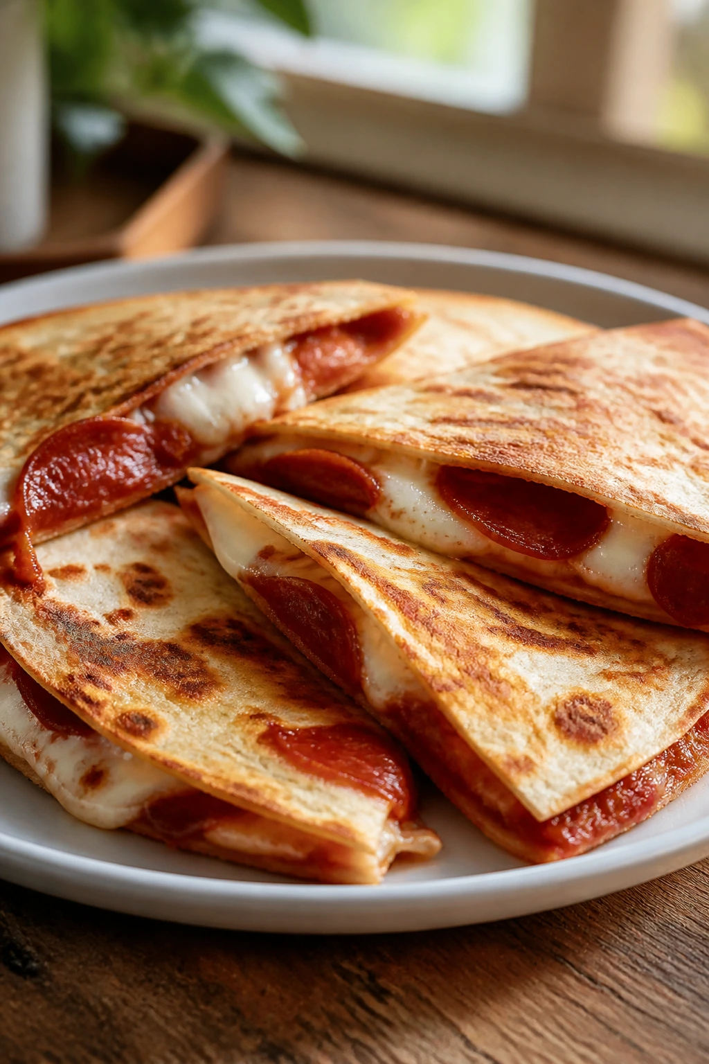 Close-up of pizza quesadillas wedges on a plate with melted cheese