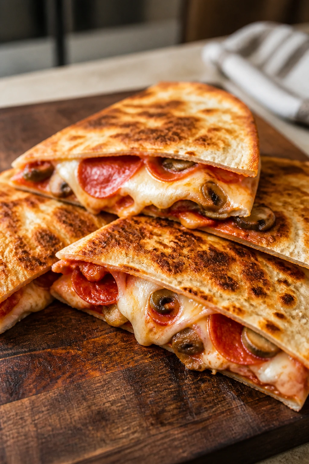 Close-up of pizza-style quesadillas cut into wedges on a wooden board