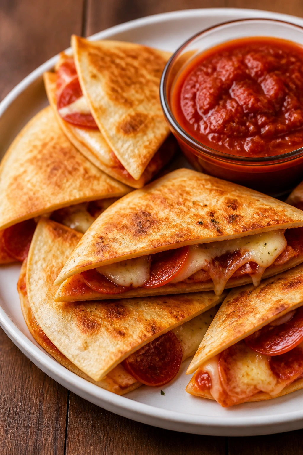 Crispy pizza quesadillas with pepperoni and mozzarella on a plate with marinara dip