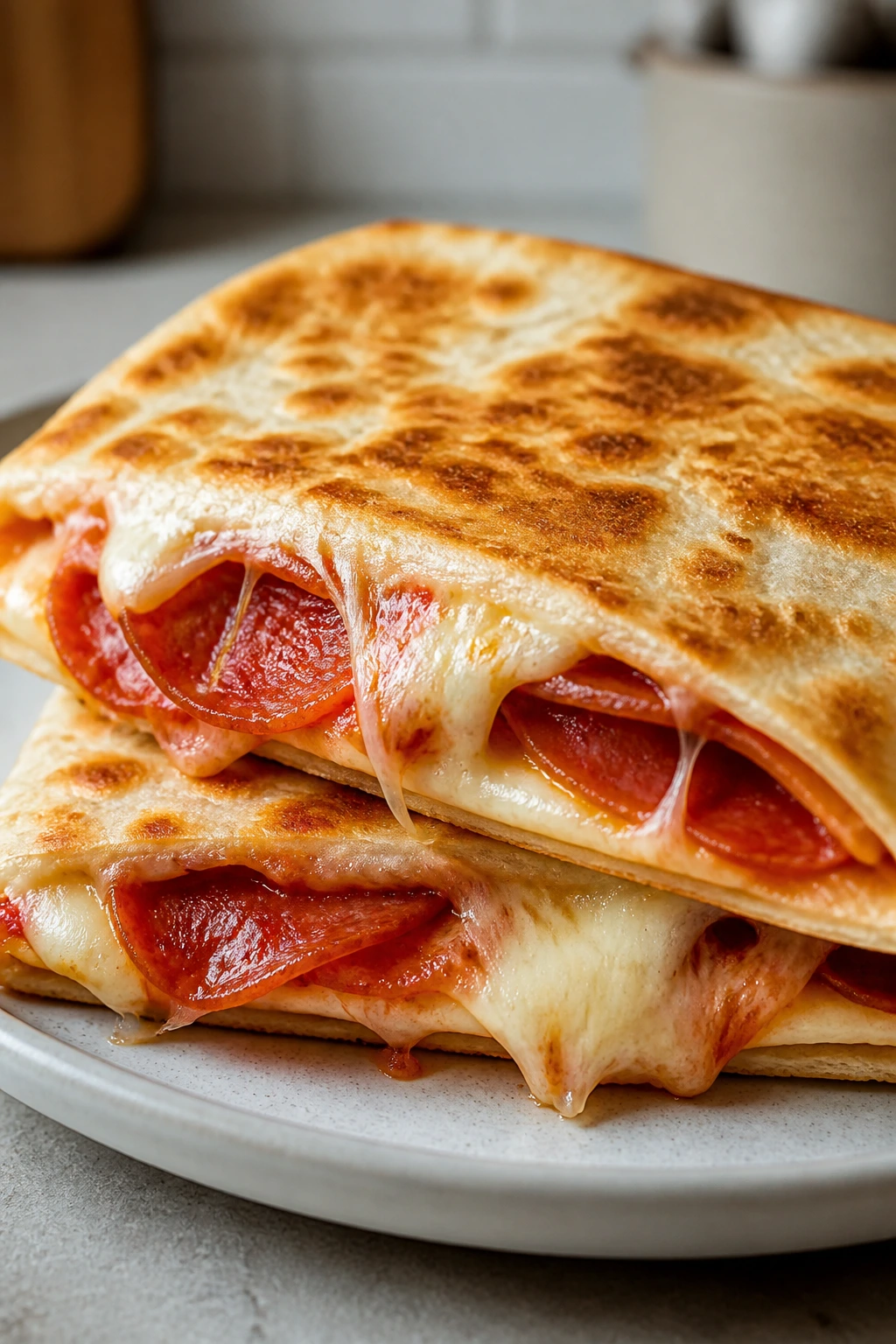 Pizza quesadilla with pepperoni and melted cheese on plate