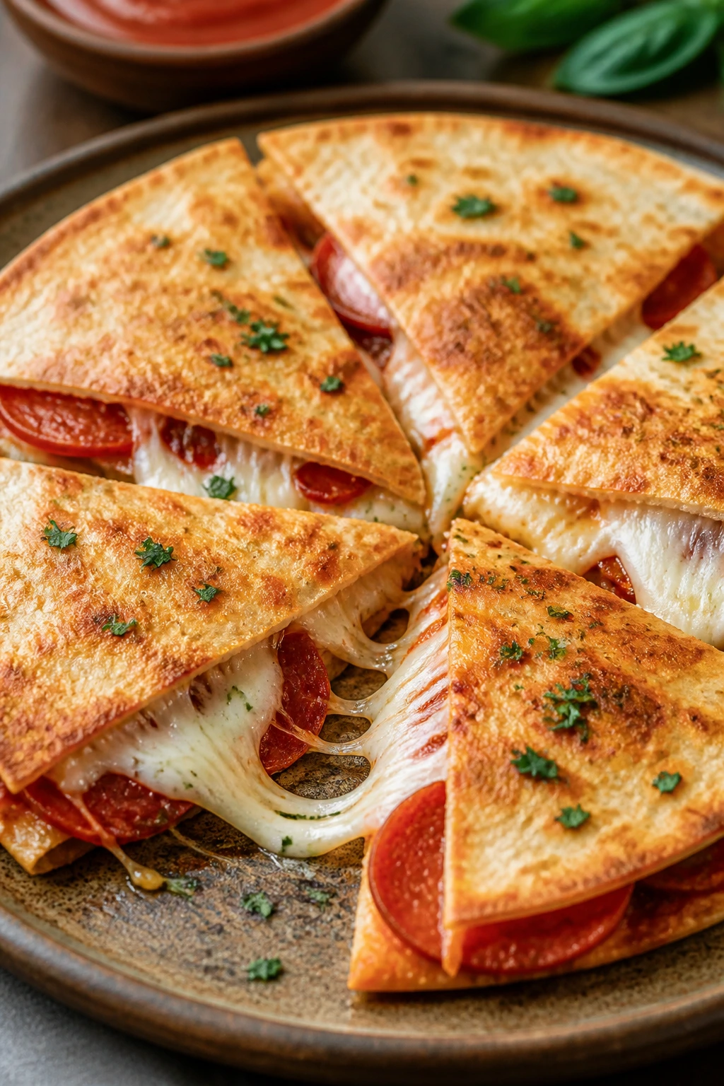 Crispy pizza quesadilla wedges on a rustic plate
