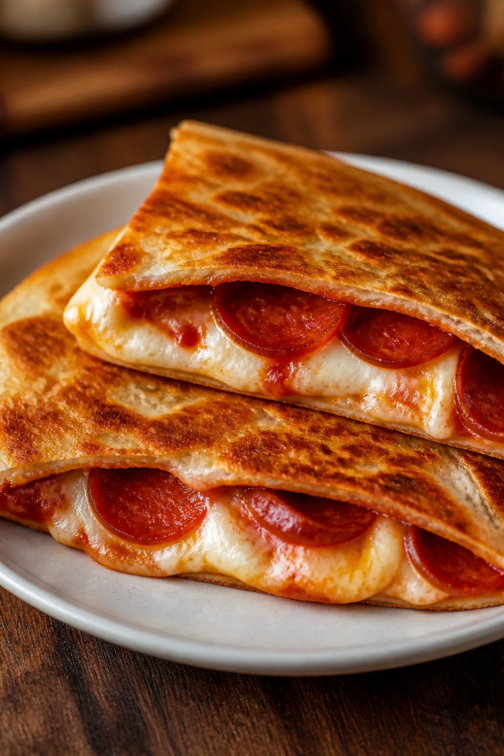 Close-up of crispy pizza quesadillas with pepperoni and cheese