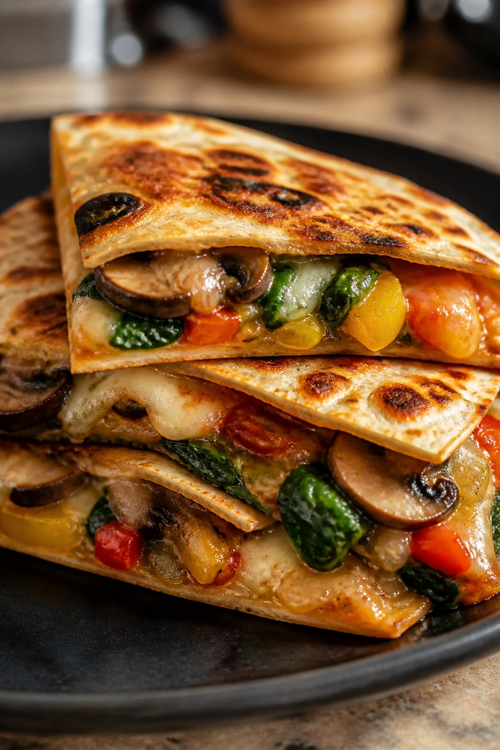 Close-up of a pizza-style quesadilla wedge with veggies