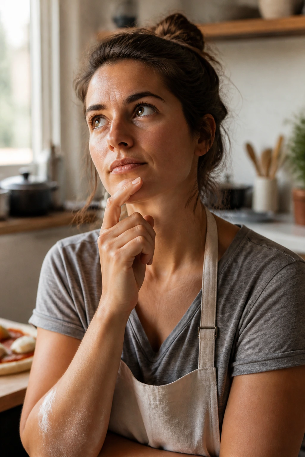Close-up portrait of a real person in a cozy kitchen contemplating pizza night questions