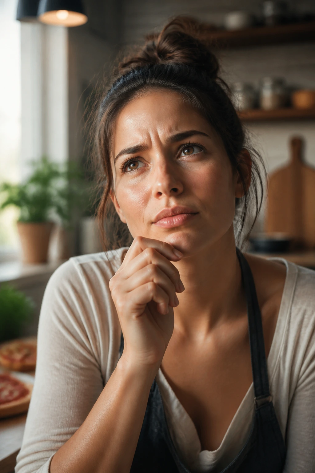 Portrait of a real person thinking about pizza questions in a kitchen