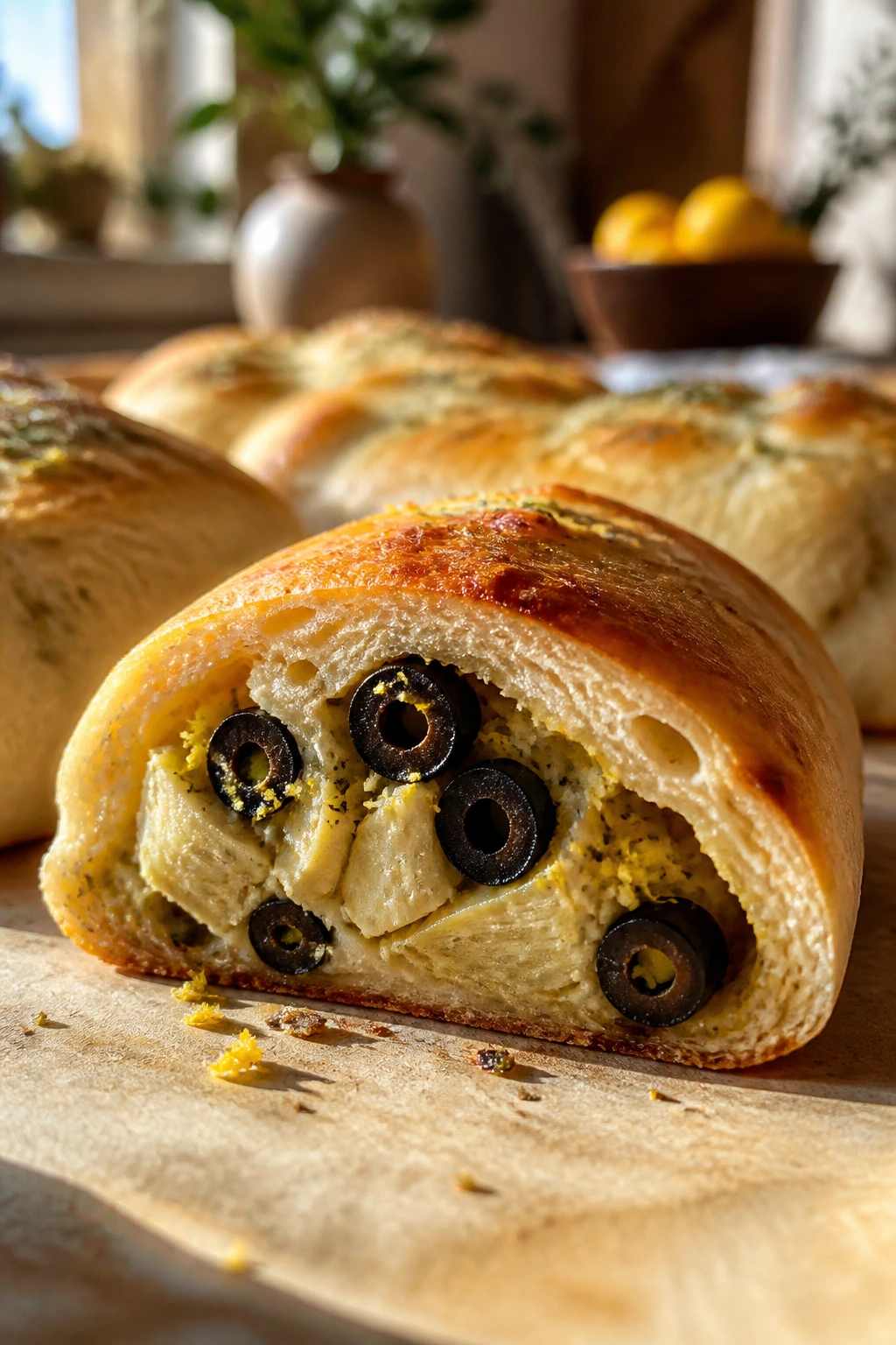Cross-section of artichoke olive lemon zest roll