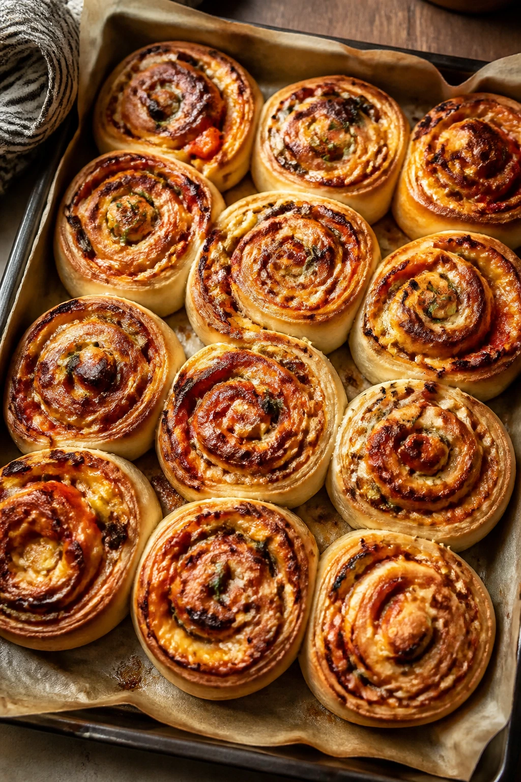 Tray of golden-brown pizza rolls showing crisp edges and spirals