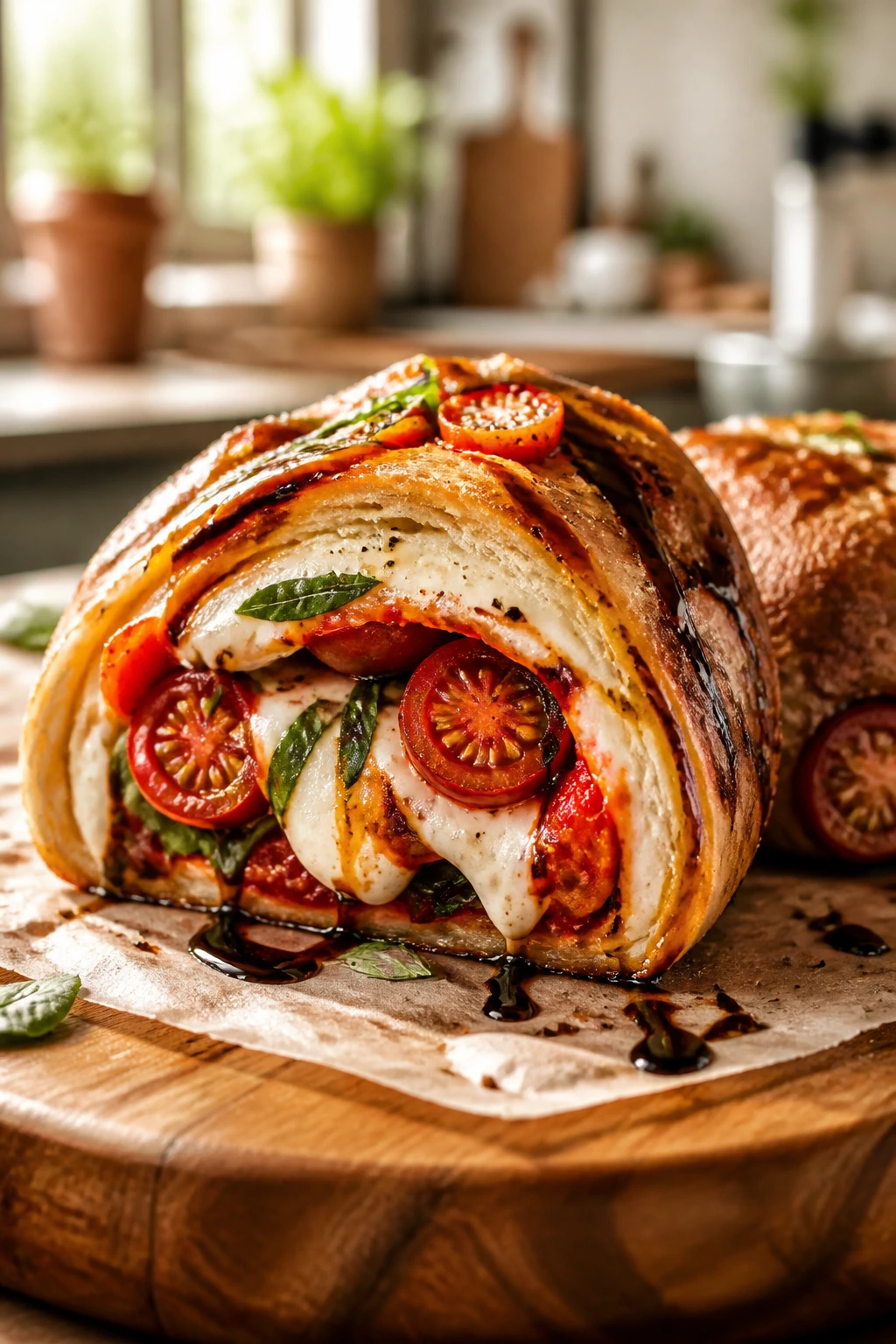 Caprese roll cross-section with tomato, mozzarella, basil and balsamic glaze