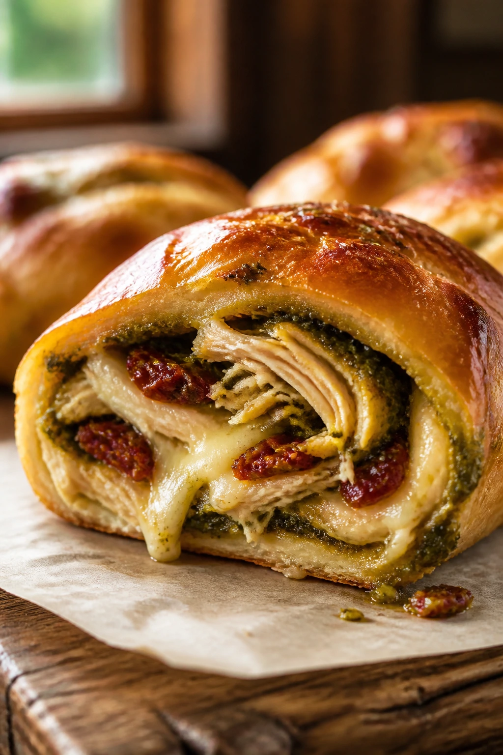 Close-up of chicken pesto sun-dried tomato mozzarella roll cross-section