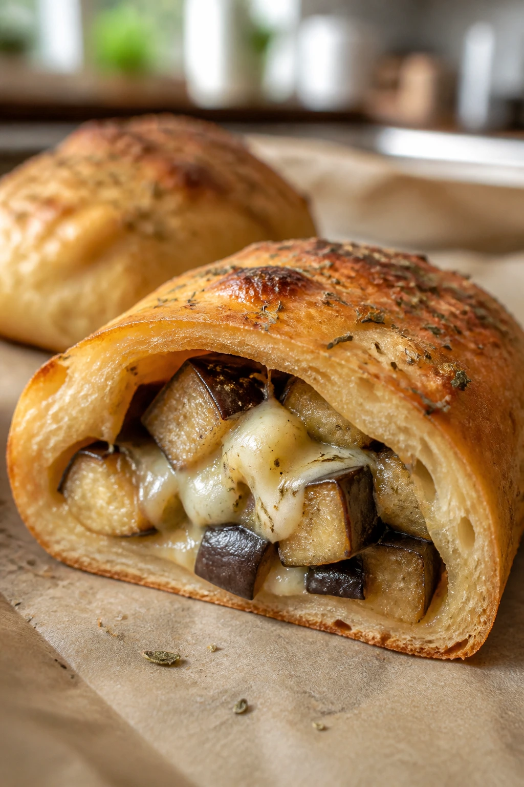 Cross-section of eggplant smoked mozzarella oregano roll