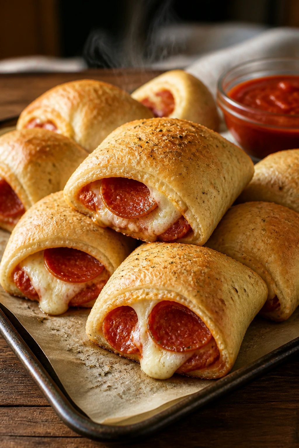 Close-up of golden pepperoni pizza rolls with melted mozzarella