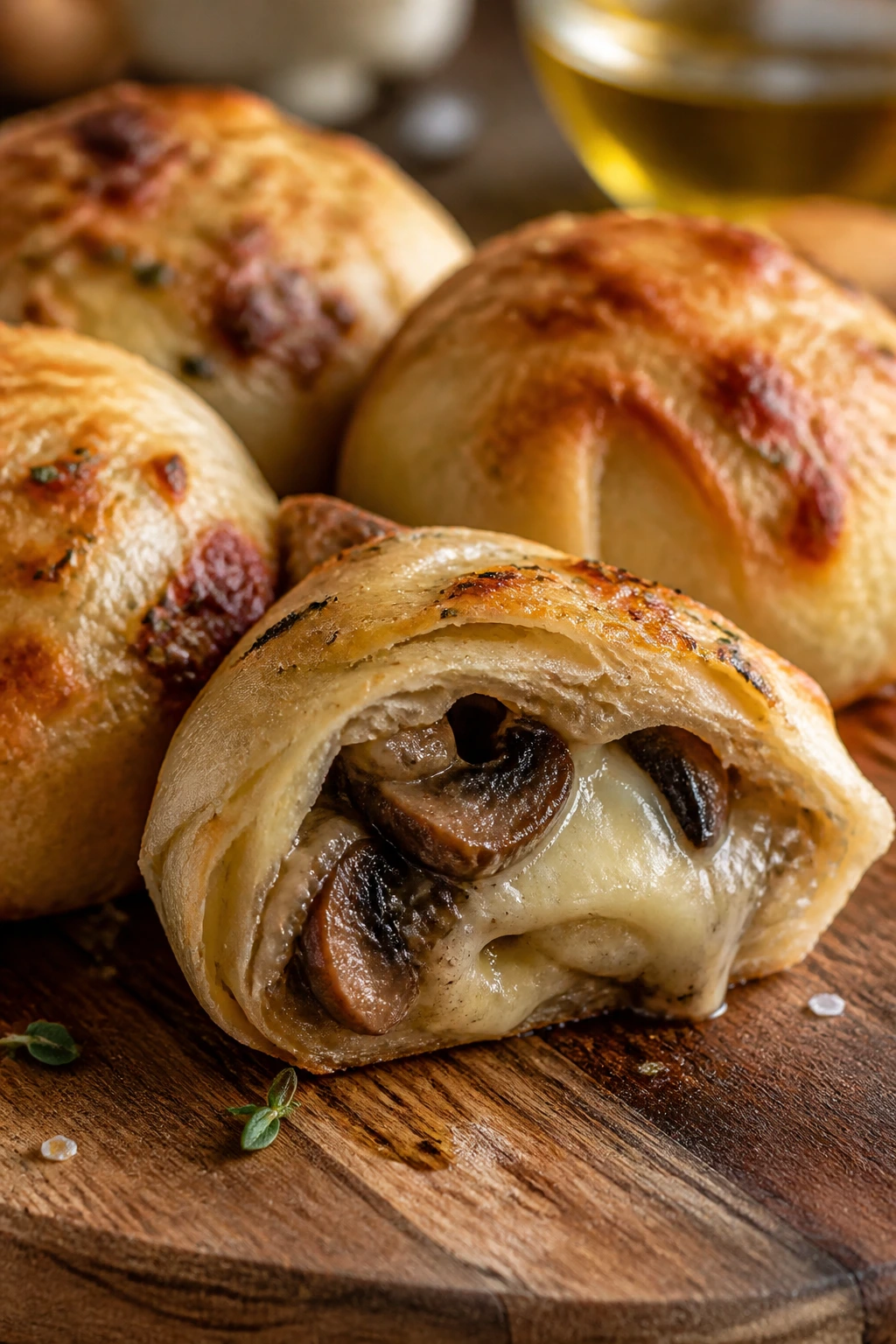 Cross-section of mushroom Taleggio roll with earthy mushrooms and cheese