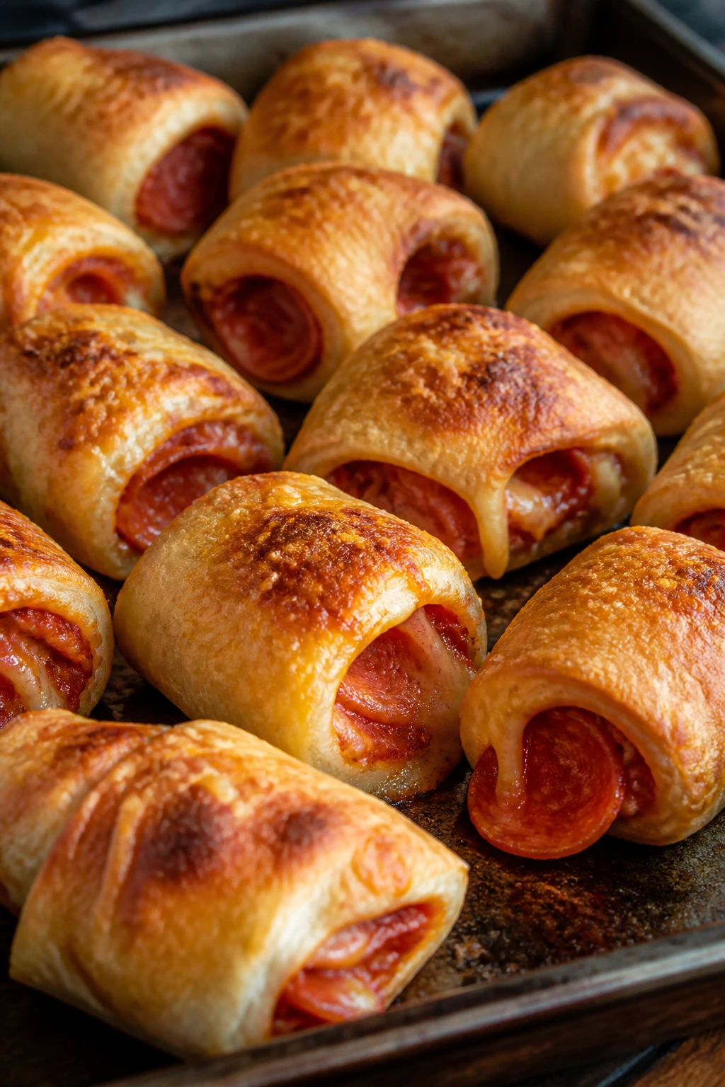 Tray of pepperoni pizza rolls fresh from the oven