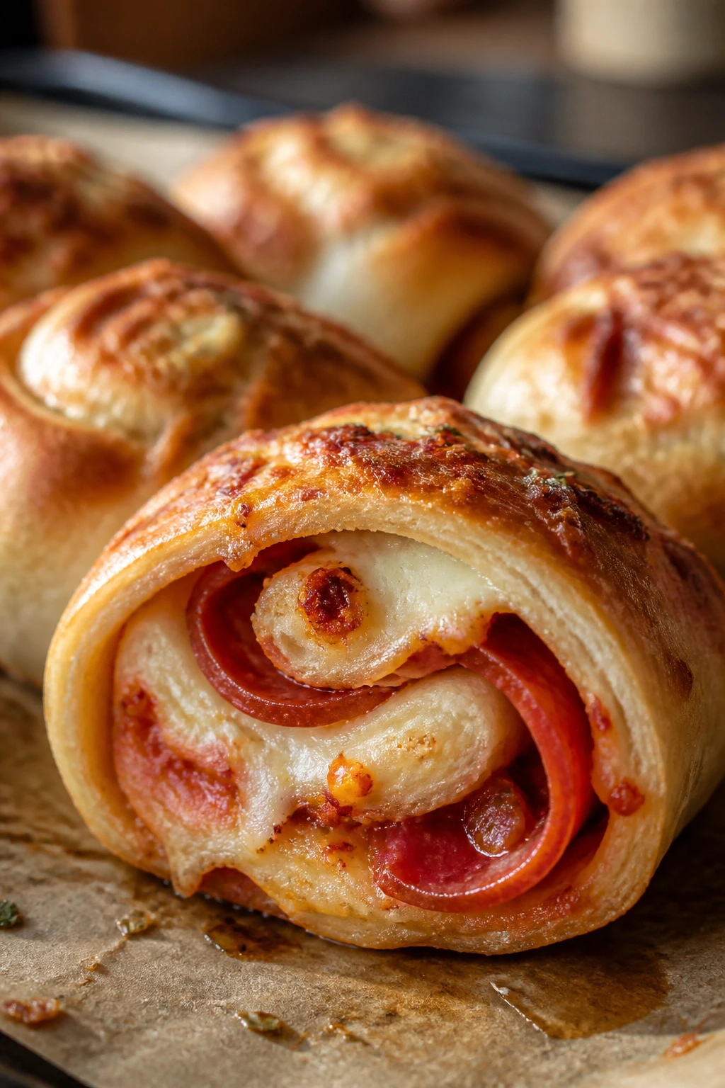 Cross-section of pepperoni Calabrian chili provolone roll
