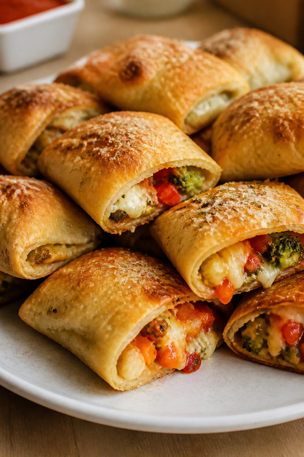 Close-up of Veggie-Loaded Pizza Rolls on a plate