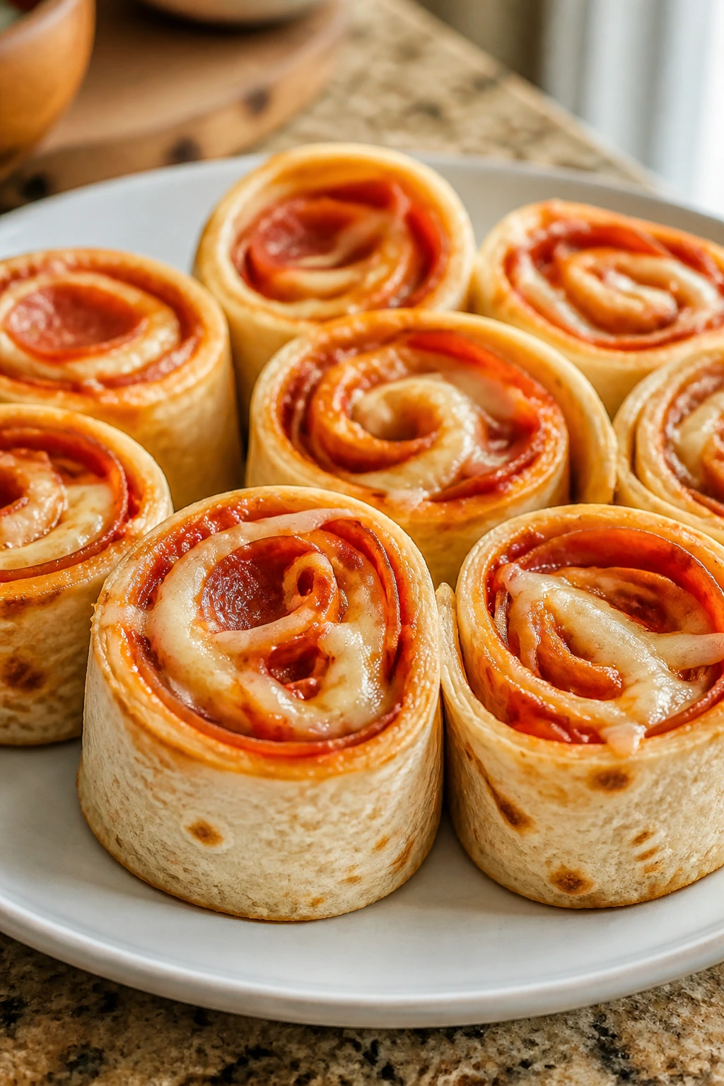 Close-up of tortilla pinwheels sliced and arranged on a plate.