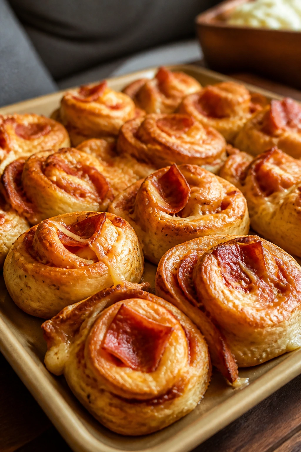 Pizza roll-ups with cheese and pepperoni on a tray
