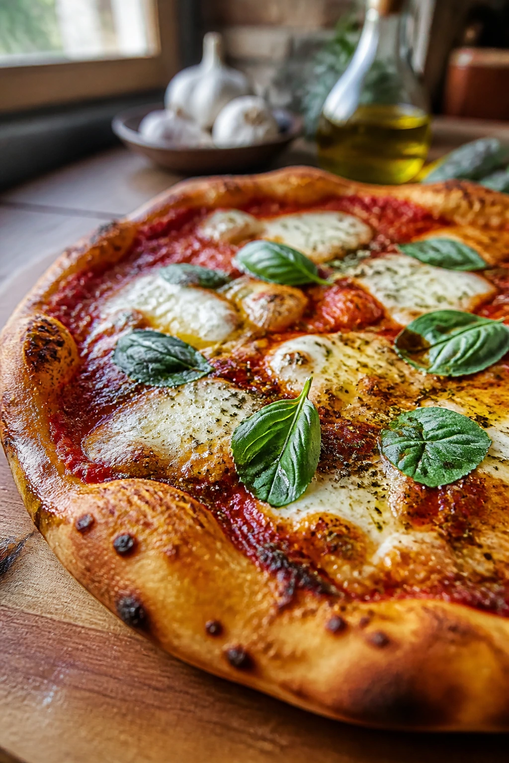 Close-up of rustic herbed pizza on a wooden table with mozzarella, basil, and olive oil