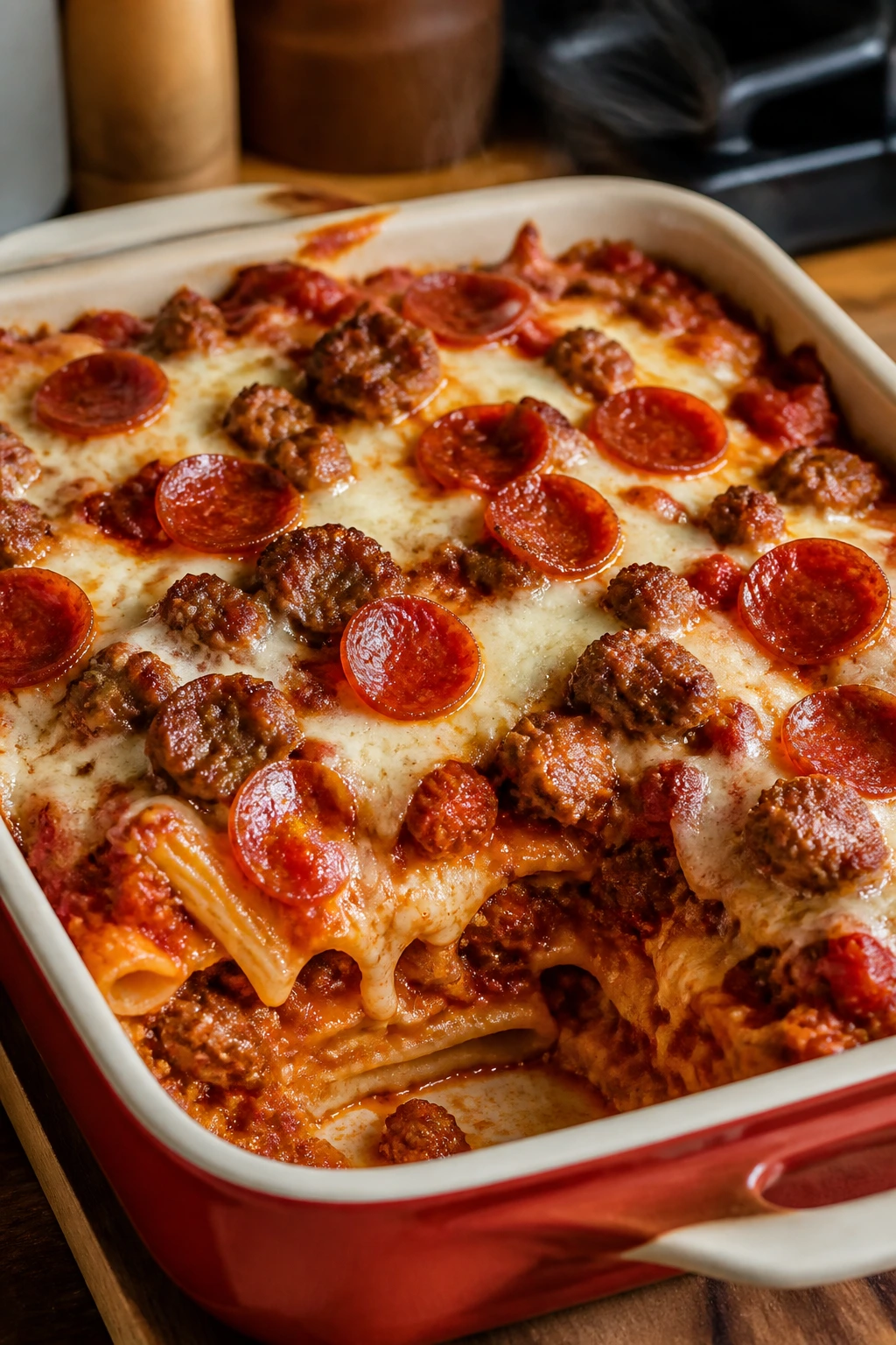 Close-up of bubbling sausage pizza casserole in a baking dish