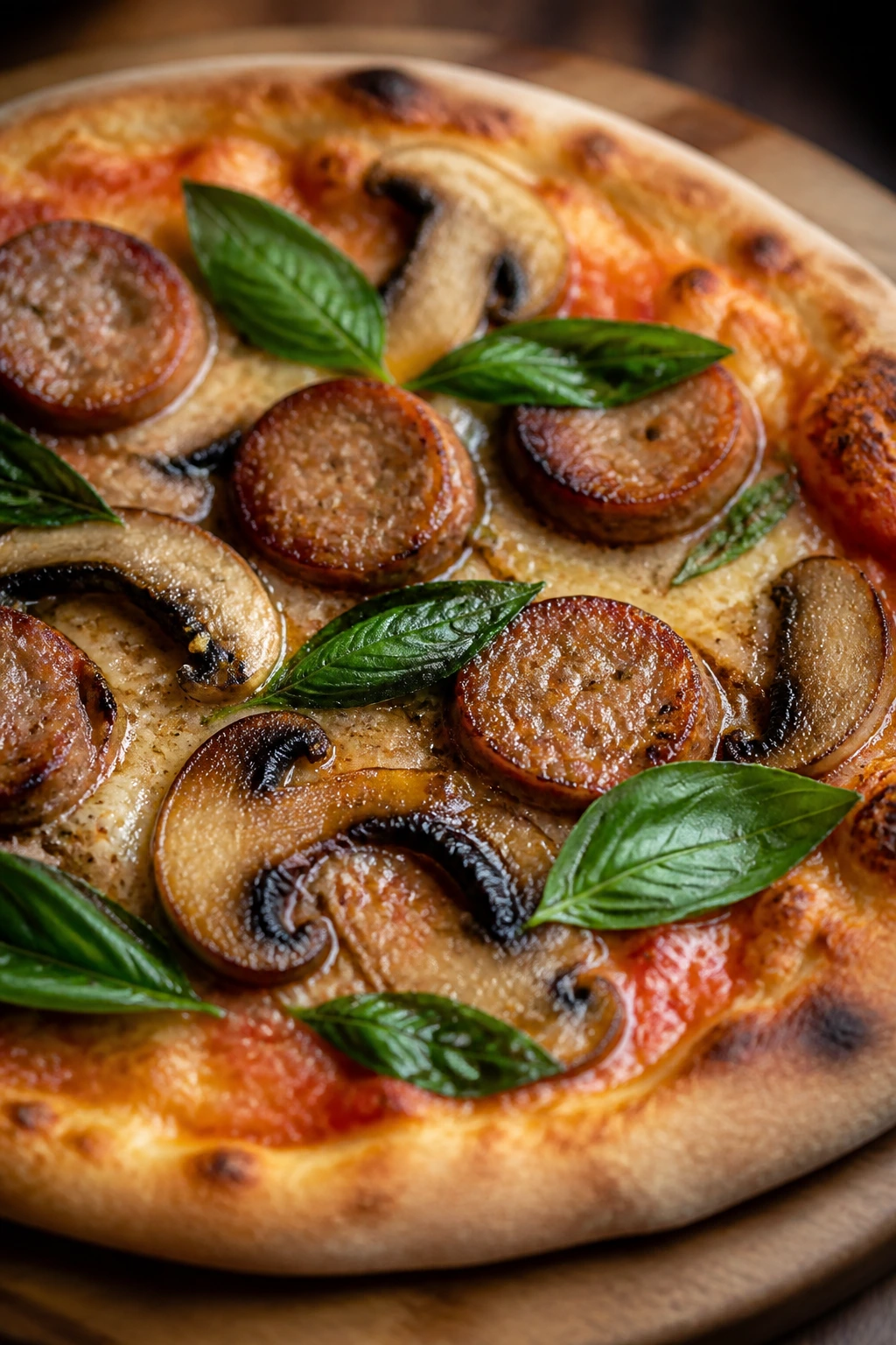 Pizza with sausage, mushrooms, and basil on a wooden board