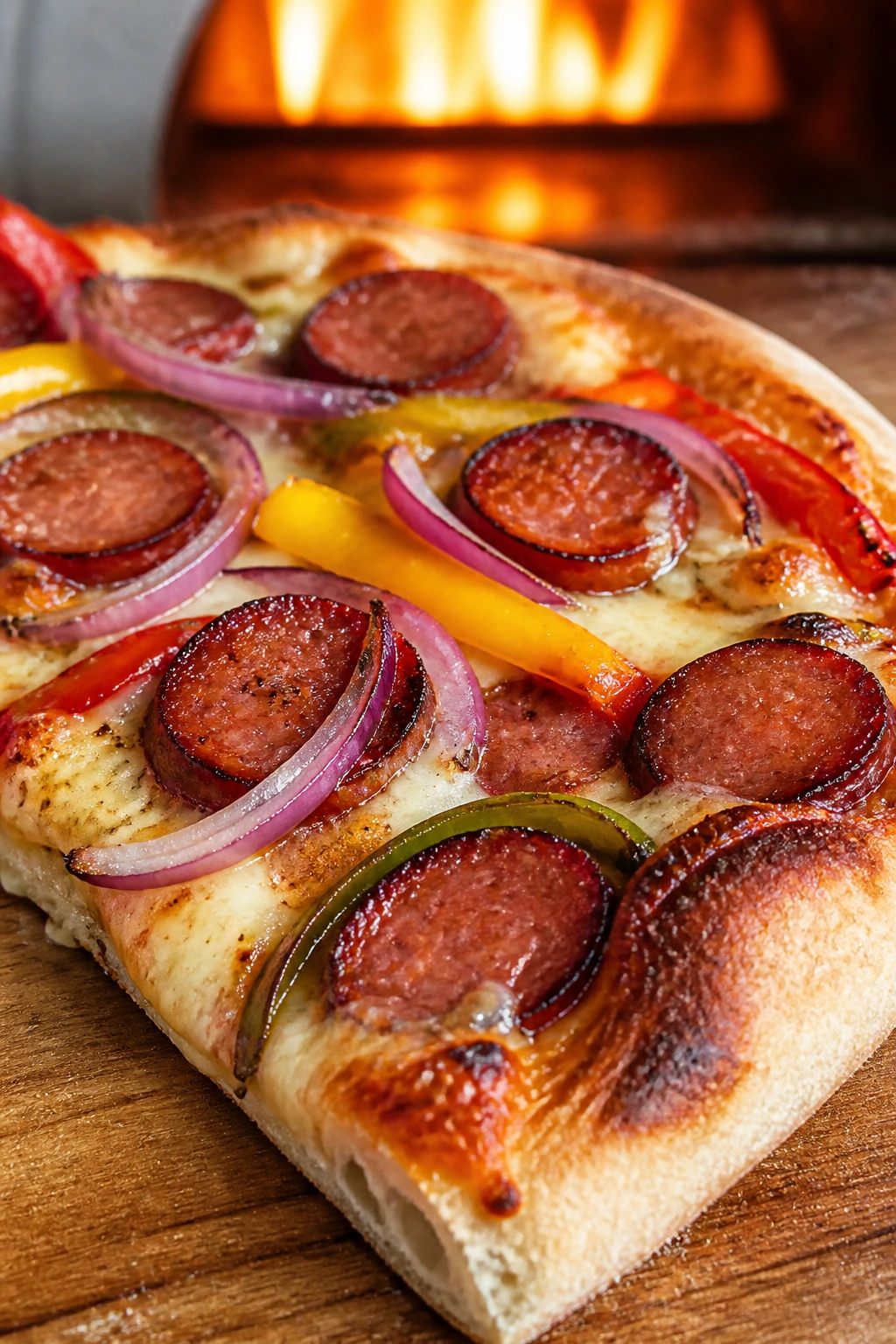Close-up of smoked sausage pizza with red onion and peppers